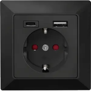 Tomada de parede schuko 230VAC 16A c/ USB-A + USB-C (5VDC 2.8A) - preto