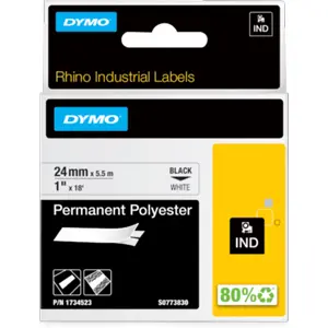 Cinta para etiquetar RHINO 1734523 [Negro sobre Blanco] permanente en poliéster - 24mm x 5.5m