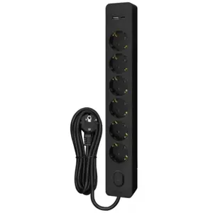 Bloco 6 tomadas c/ interruptor + carregador duplo USB A+C PD 20W - cabo 3m, preto
