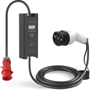 Carregador portátil para EV c/ display - trifásico 6-32A 22kW - CEE 32A  (c/ adaptador shuko) - Tipo 2 - IP54 - 5m
