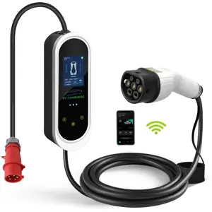 Carregador portátil para EV c/ display + WiFi + BT - trifásico 6-16A 11kW - CEE 16A (c/ adaptador Schuko) - Tipo 2 - IP54 - 5m