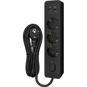 Bloco 3 tomadas c/ interruptor + carregador duplo USB A+C PD 20W - 1.5m, preto