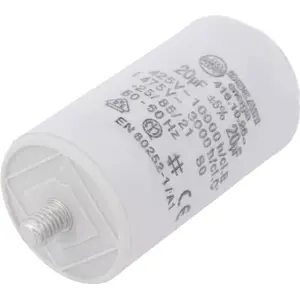 Condensador para motor 20uF ±5%  475V AC  Ø40x70mm - c/ terminais 6.3mm e parafuso M8 - Ducati 416102527