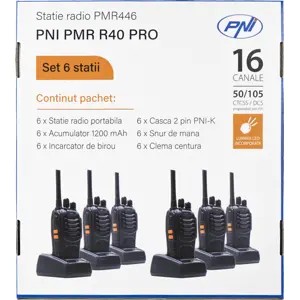 Kit de 6 Walkie-talkies 16CH PMR446 10km c/ auscultadores + base carregamento