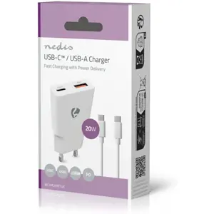 Carregador GaN 1×USB-A + 1×USB-C PD (20W) c/ cabo USB-C