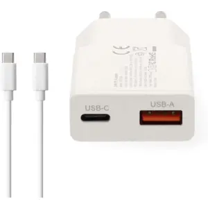 Carregador GaN 1×USB-A + 1×USB-C PD (20W) c/ cabo USB-C