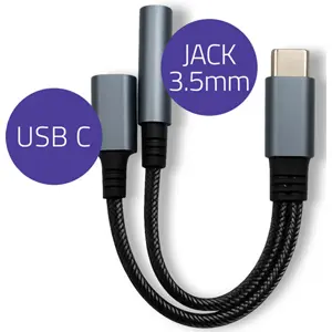 Cabo adaptador USB-C macho >> Jack 3.5mm ST fêmea + USB-C fêmea