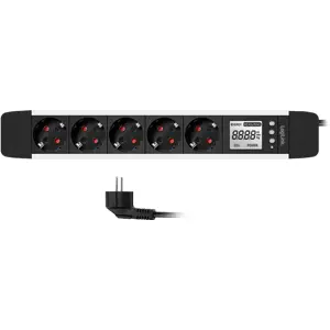 Bloco de 5 tomadas c/ LCD medição de Energia + disjuntor - cabo (3x1.5mm²) 1.4m