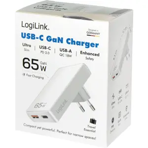 Cargador SLIM 65W GaN USB-C (PD) + USB-A (QC)