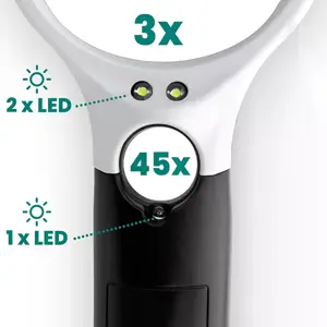 Lupa de mão de 2 lentes Ø75+22mm (3x + 45x) com LEDs