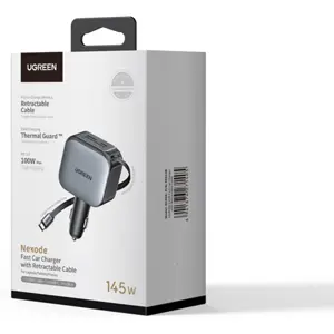 Cargador de mechero (12..24 VDC) GaN 145W con 2x USB-C + 1x USB-A + cable retráctil USB-C