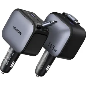 Cargador de mechero (12..24 VDC) GaN 145W con 2x USB-C + 1x USB-A + cable retráctil USB-C