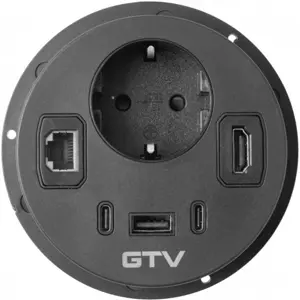 Bloco de tomadas de encastrar (Ø80mm) 1x Schuko + USB-A + 2x USB-C PD + HDMI + RJ45 - Preto