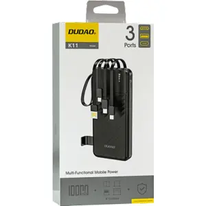Powerbank 10000mAh c/ 3 portas + 4 cabos (USB-A + USB-C + micro-USB + Lightning) + lanterna - preto