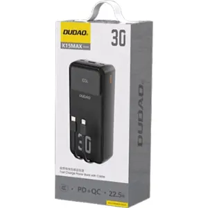 Powerbank 30000mAh PD 22.5W (2x USB-C + USB-A) c/ cabos USB-C + Lightning  - preto