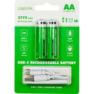 Conjunto de 2 Baterias Li-Ion recarregáveis via USB-C - AA 1.5V 2775mWh