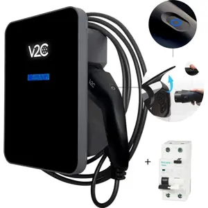 Carregador para carro elétrico (Wallbox) de 7,4kW monofásico – cabo T2 5m c/ botão Tesla + Proteção + Detetor Fugas DC