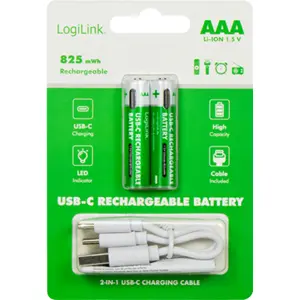 Conjunto de 2 Baterias Li-Ion recarregáveis via USB-C - AAA 1.5V 825mWh