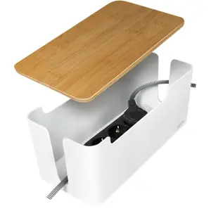 Caixa de organização oculta de extensões e cabos - branco c/ tampa em Bambu - 320x140x130mm