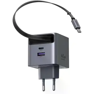 Carregador GaN c/ USB-C + USB-A + cabo retrátil USB-C 45W