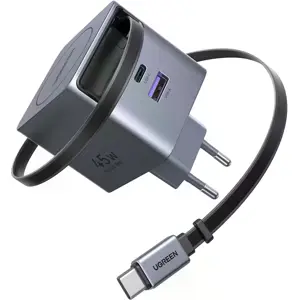 Carregador GaN c/ USB-C + USB-A + cabo retrátil USB-C 45W