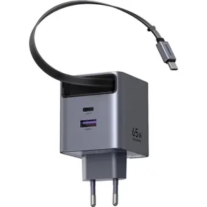 Carregador GaN (2x USB-C + USB-A) c/ cabo retrátil USB-C 65W