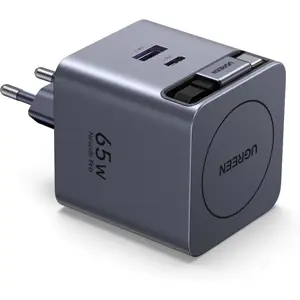 Carregador GaN (2x USB-C + USB-A) c/ cabo retrátil USB-C 65W