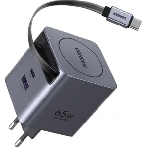 Carregador GaN (2x USB-C + USB-A) c/ cabo retrátil USB-C 65W