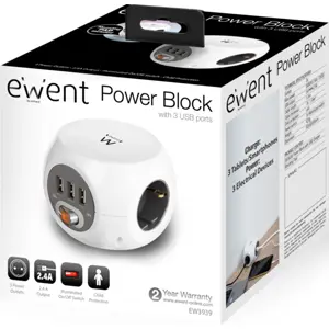 Bloco de 3 tomadas em cubo c/ 3xUSB-A + interruptor - branco - cabo 1.5m