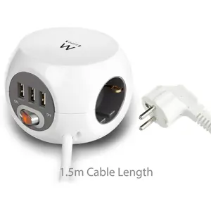 Bloco de 3 tomadas em cubo c/ 3xUSB-A + interruptor - branco - cabo 1.5m