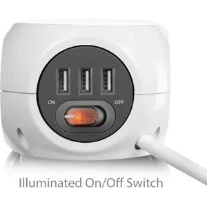 Bloco de 3 tomadas em cubo c/ 3xUSB-A + interruptor - branco - cabo 1.5m