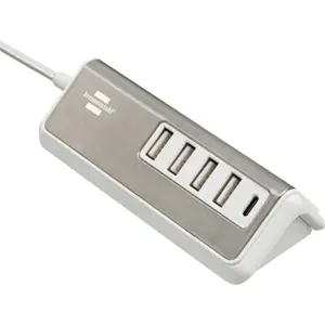 Carregador 4×USB-A + 1×USB-C PD (20W) com estação de secretária e cabo 1.5m