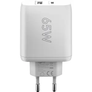 Carregador GaN 1×USB-A + 1×USB-C PD (65W) - Branco