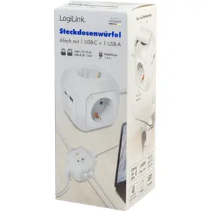 Bloco de 4 tomadas Schuko em cubo c/ USB-A QC 18W + USB-C PD 20W - cabo (3x1.5mm²) 1.4m