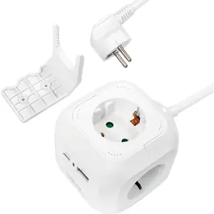 Bloco de 4 tomadas Schuko em cubo c/ USB-A QC 18W + USB-C PD 20W - cabo (3x1.5mm²) 1.4m