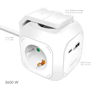 Bloco de 4 tomadas Schuko em cubo c/ USB-A QC 18W + USB-C PD 20W - cabo (3x1.5mm²) 1.4m