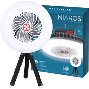 Mini ventilador solar com luz LED 4W 250lm e tripé flexível