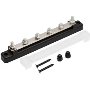 Barramento de distribuição DC (BUS BAR) 4xM6 - 12/48V 150A - Preto