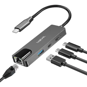 Adaptador/conversor multiport USB-C 3.2 macho ➝ USB-A + 2x USB-C PD + RJ45