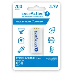 Bateria 16340 (CR123) 3.7V 700mAh recarregável por Micro-USB c/ LED de estado - Li-ion