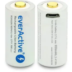 Bateria 16340 (CR123) 3.7V 700mAh recarregável por Micro-USB c/ LED de estado - Li-ion
