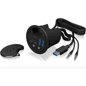 Hub USB 3.0 de embutir (Ø60mm) c/ 2×USB-A + 2×USB-C + áudio in/out