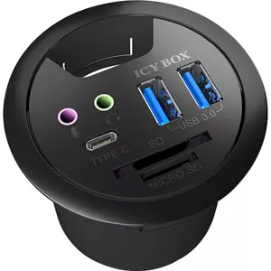 Hub USB 3.0 de embutir (Ø60mm) c/ 2×USB-A + áudio in/out + leitor de SD/microSD