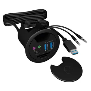Hub USB 3.0 de embutir (Ø60mm) c/ 2×USB-A + áudio in/out + leitor de SD/microSD
