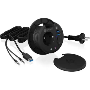 Hub USB 3.2 de embutir (Ø80mm) c/ 2×USB-A + 1×USB-C + áudio + leitor de SD/microSD + tomada