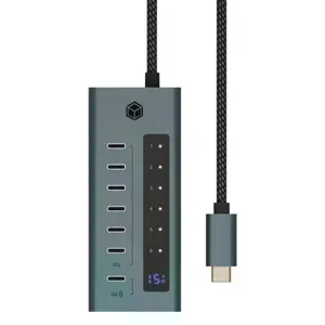 Hub USB 3.2 de 7 portas (6×USB-C + 1×USB-C PD 20W) c/ display e cabo USB-C