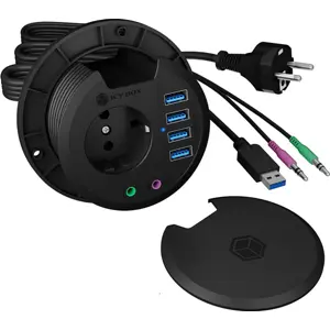 Hub USB 3.2 de embutir (Ø80mm) c/ 4×USB-A + áudio in/out + tomada