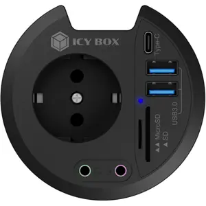 Hub USB 3.2 empotrable (Ø80mm) c/ 2×USB-A + 1×USB-C + audio + lector de SD/microSD + toma
