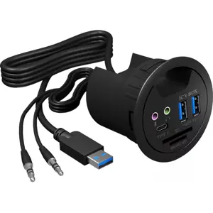 Hub USB 3.0 de embutir (Ø60mm) c/ 2×USB-A + áudio in/out + leitor de SD/microSD