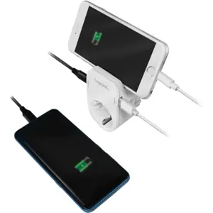 Tomada Schuko pass-through c/ Suporte de telemóvel + USB-A + USB-C